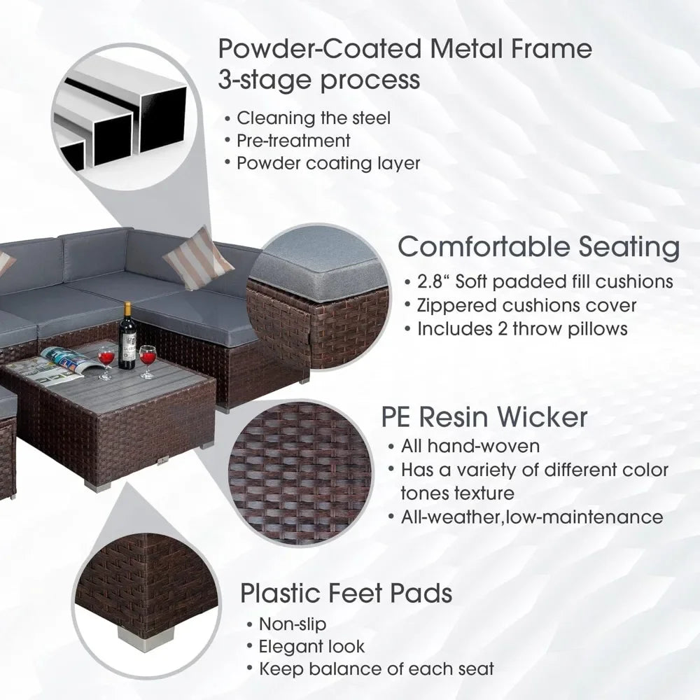 7 Piece Outdoor Patio Furniture Set with Cushions PE Rattan Wicker Sectional Conversation for Garden Deck Poolside