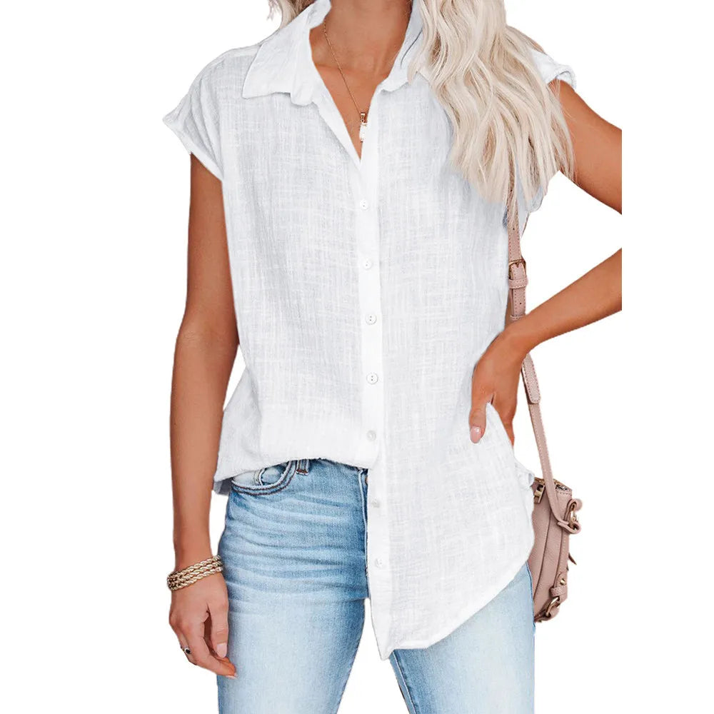 Hallolilla Summer Cotton Linen Shirt Women Short Sleeve