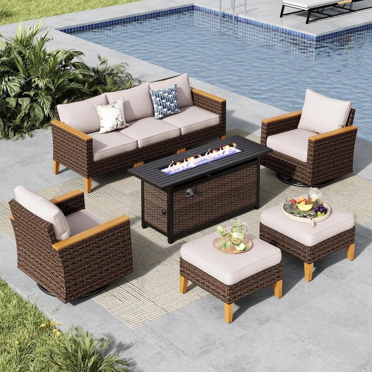 9 Piece Wicker Patio Furniture Set with 56 Inch Fire Pit Table All Weather PE Rattan Patio Sectional Sofa Conversation Set