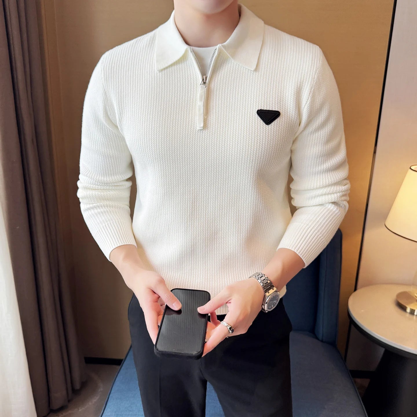 QUHNBGYCN Mens Half Zip Lapel Knit Sweater Slim Fit Pullover