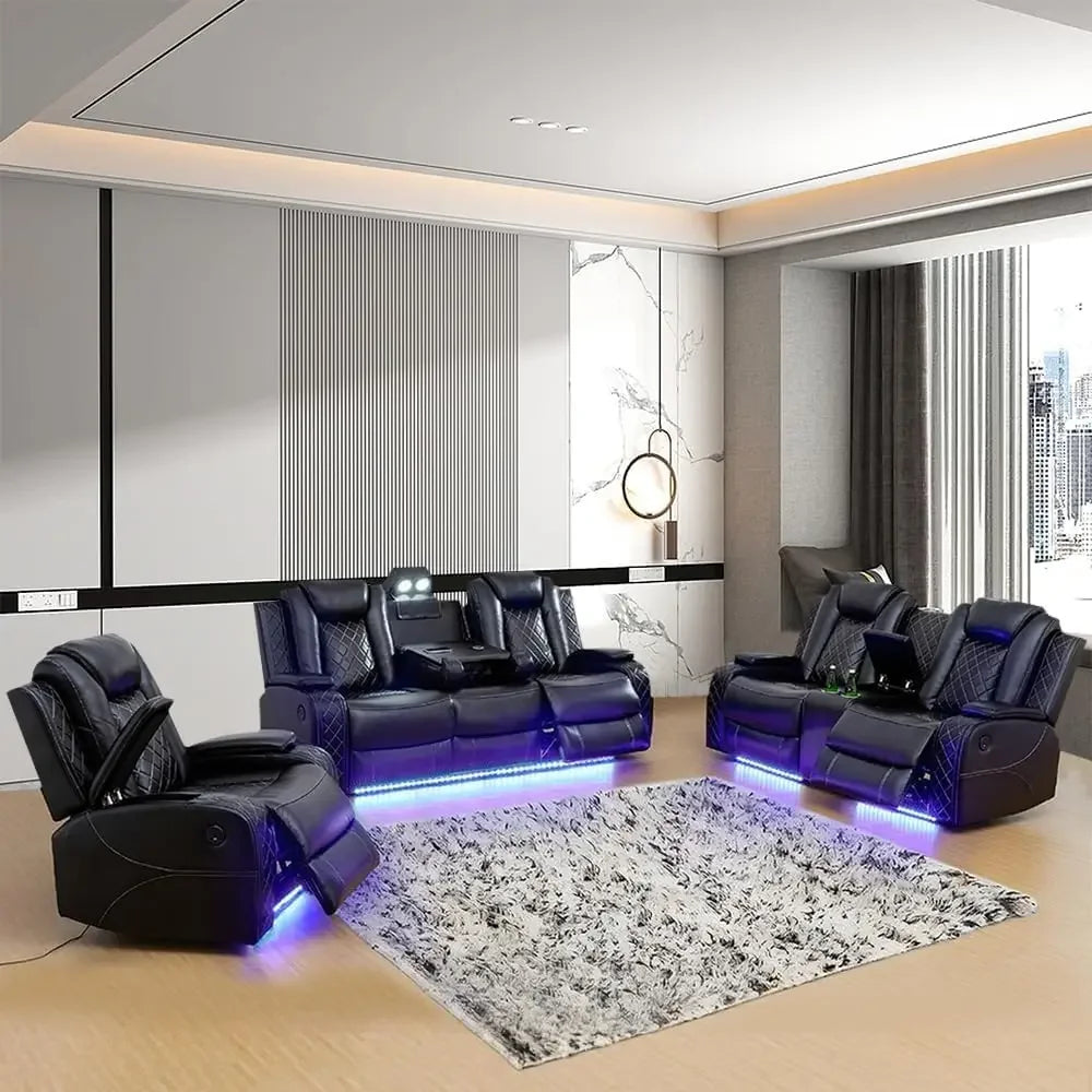 XMSJ Power Air Leather Recliner Sofa Set With LED Lights
