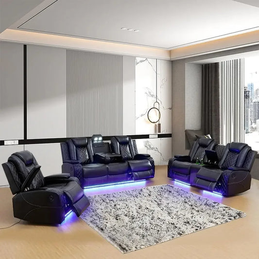 XMSJ Power Air Leather Recliner Sofa Set With LED Lights