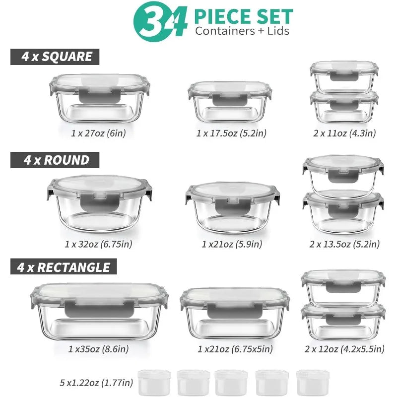 34pcs Glass Food Storage Containers With Lids Set Leak Proof