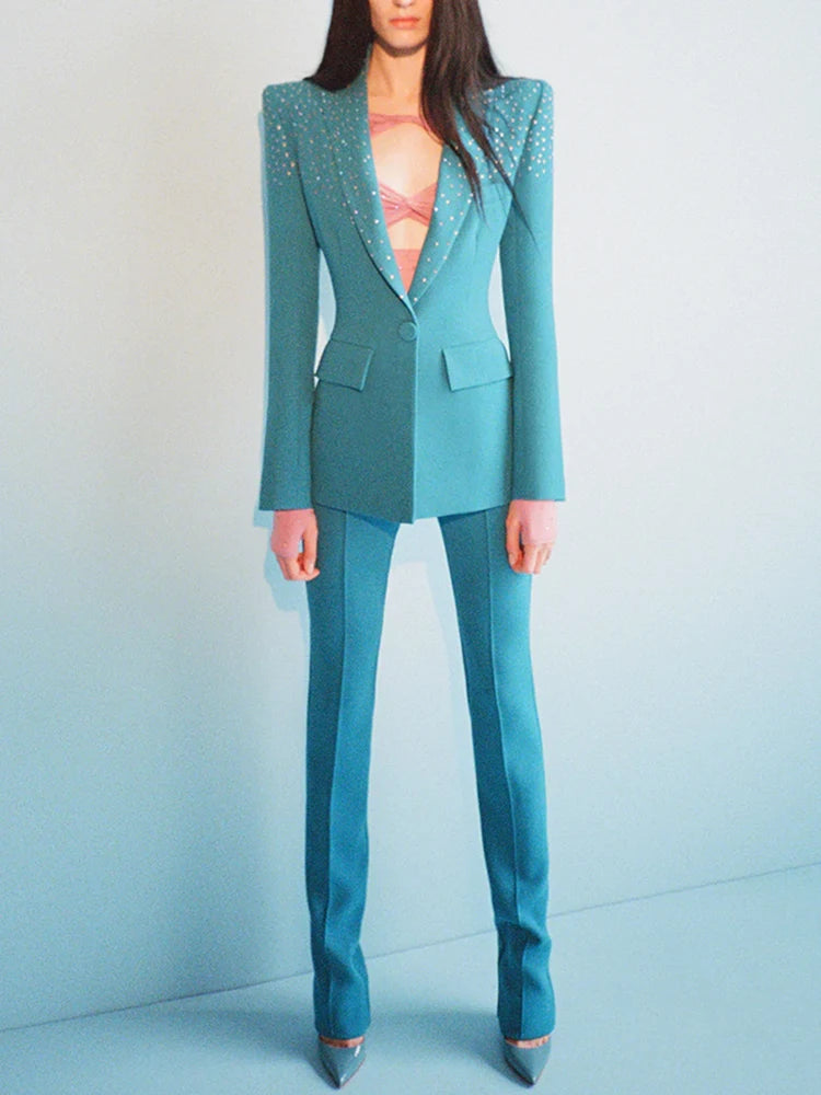 Elegant Women's Designer Suit Set with Beaded Blazer and Pants