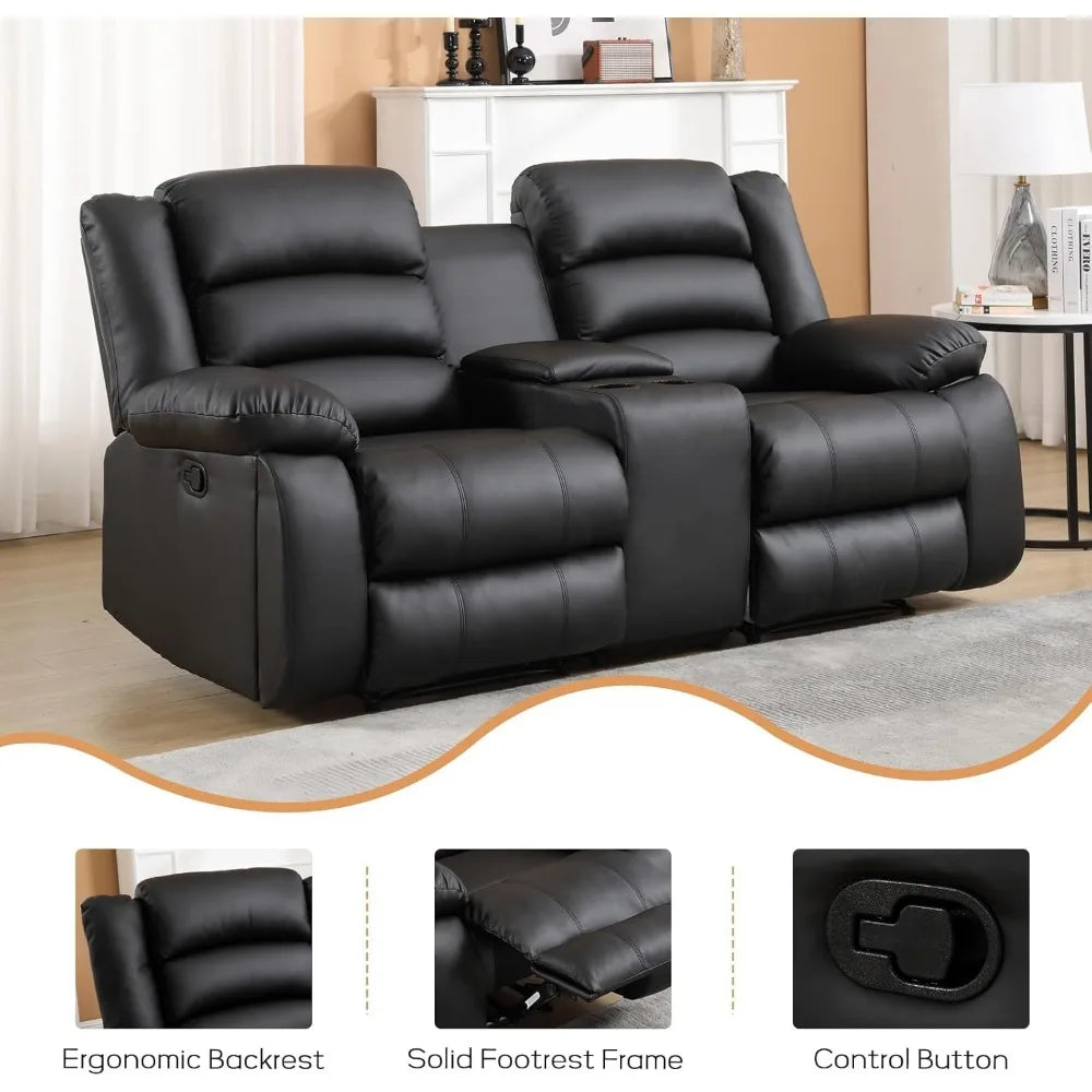 Faux Leather Manual Loveseat Recliner With Hidden Cup Holders
