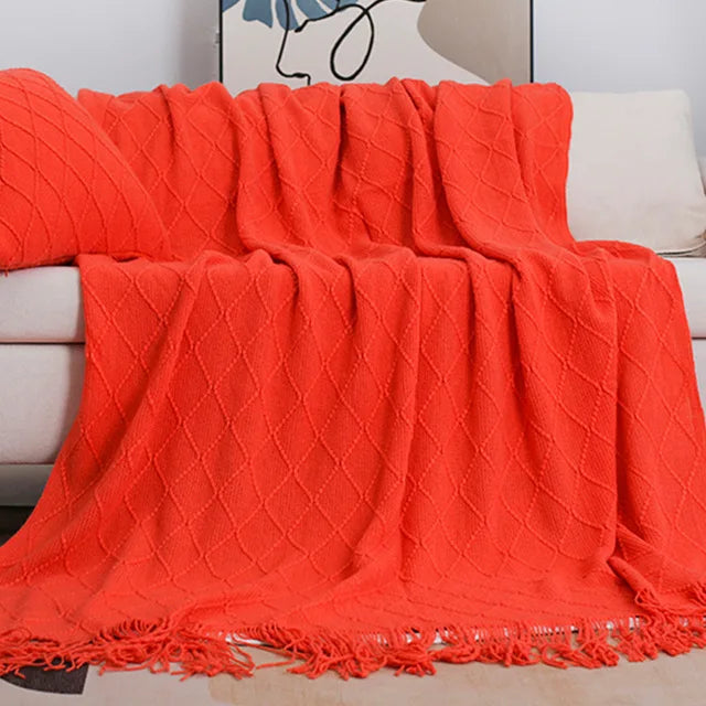Nordic Knitted TV Blanket with Tassels Soft Fleece Throw Shawl for Sofa and Bed End Decor