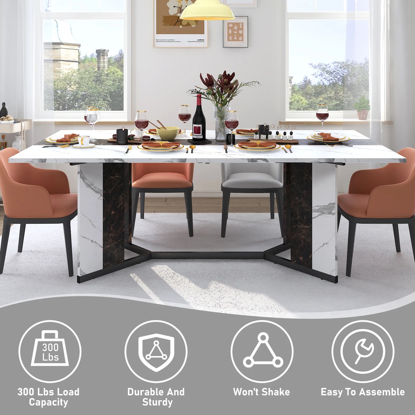 71 Inch Large Rectangular White Dining Table for 4 to 10 People Modern Family Dinner Table with Marble Color Wood Top and Metal Legs