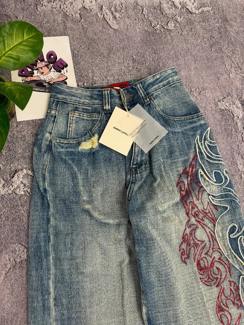 Streetwear Embroidered Baggy Jeans Women High Waist Wide Leg