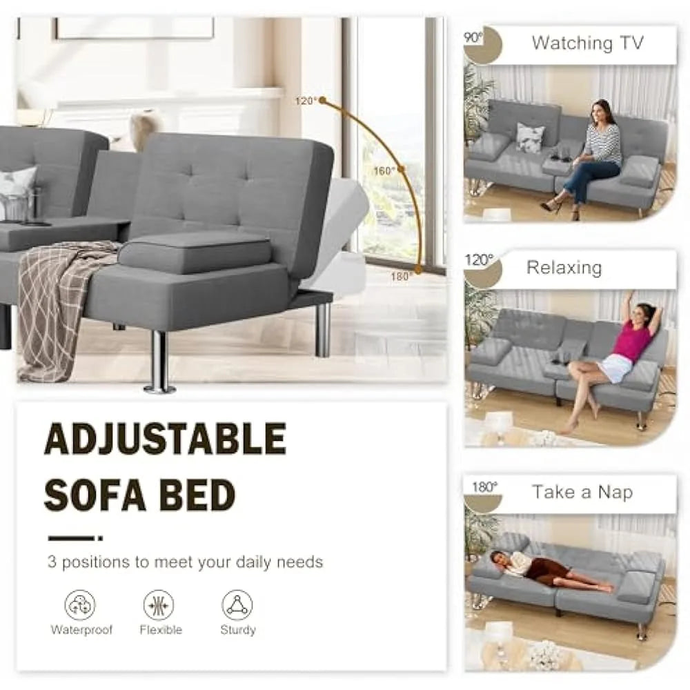 Convertible Sofa Bed with Removable Armrests and Cup Holders