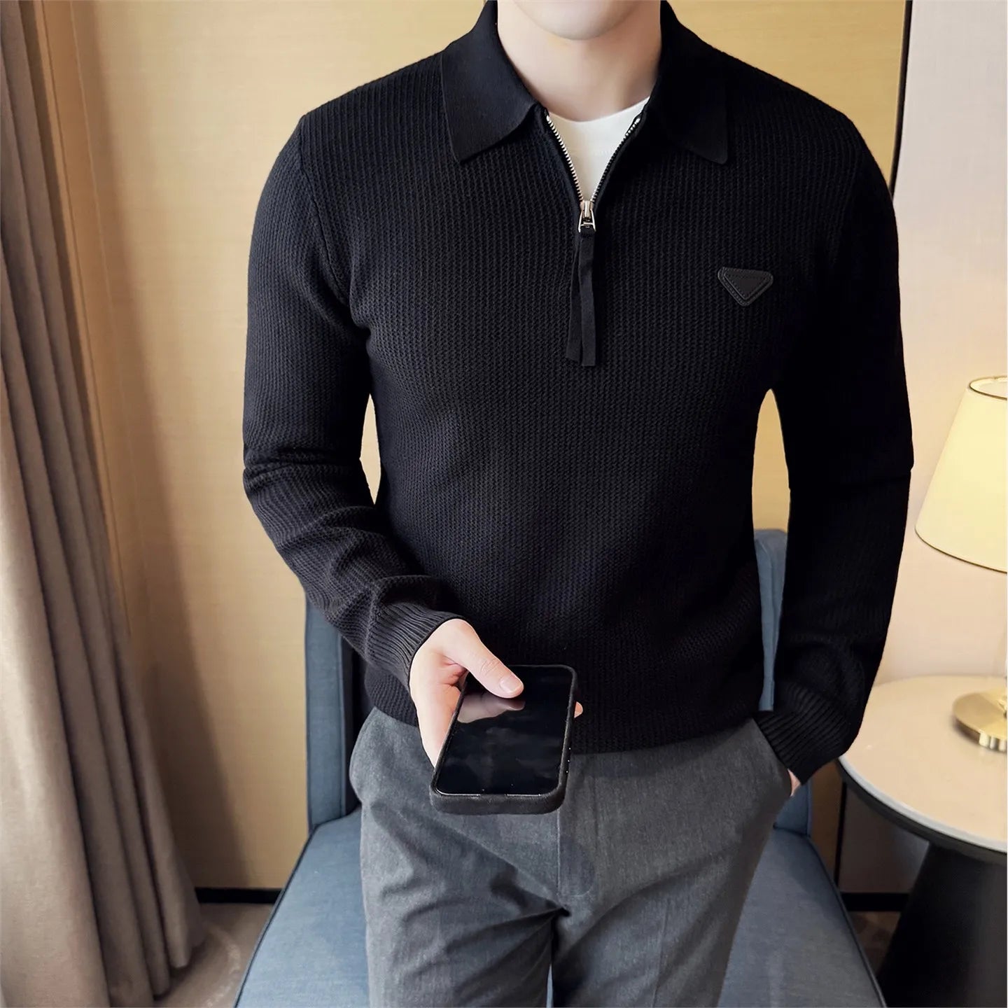 QUHNBGYCN Mens Half Zip Lapel Knit Sweater Slim Fit Pullover