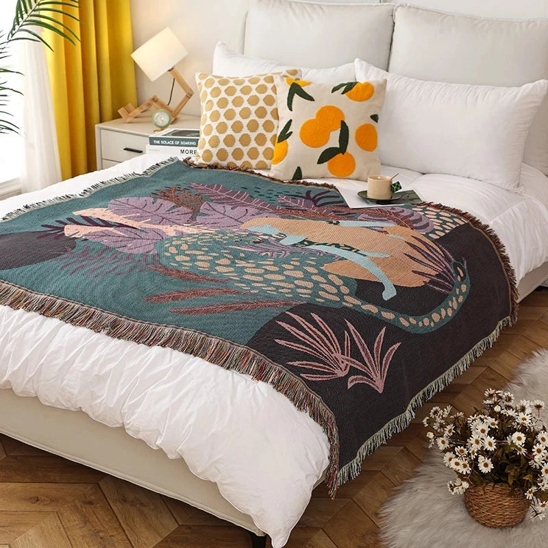 Women Leopard Throw Blanket Multifunctional Beach Sofa Cover Tassel Dust Cover Air Conditioning Blanket for Bed