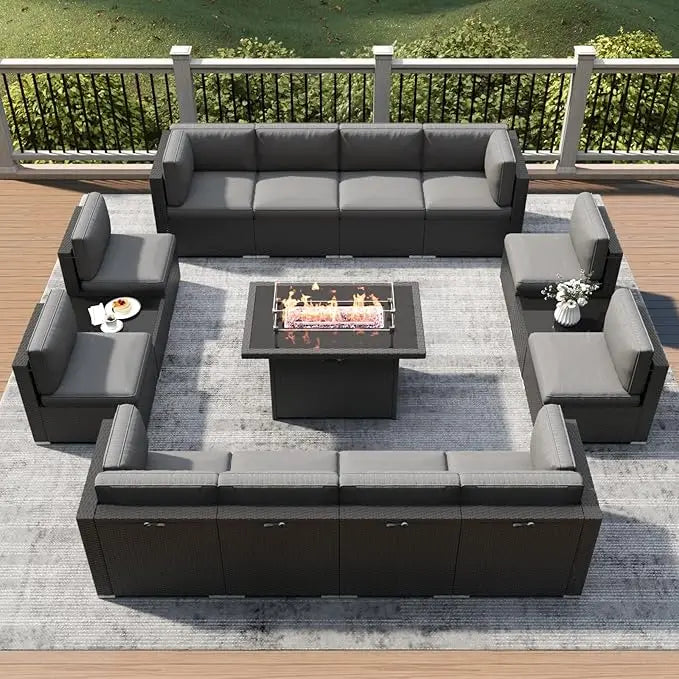Outdoor Wicker Rattan Conversation Set With Fire Pit Table 15 Piece Patio Furniture Set