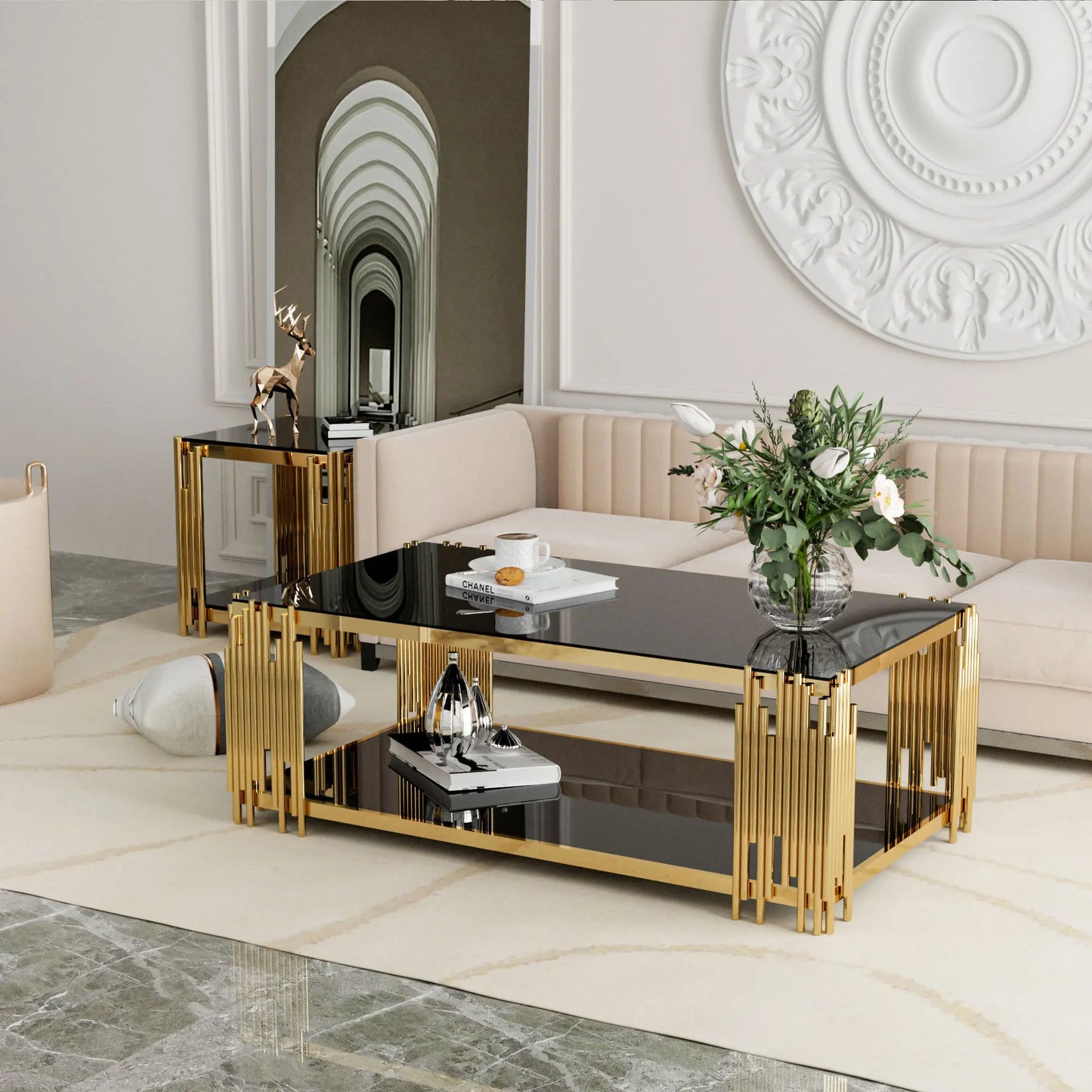 Stainless Steel Rectangle Coffee Table with Black Tempered Glass 51.18 Inch Modern Center Table Gold Legs for Living Room