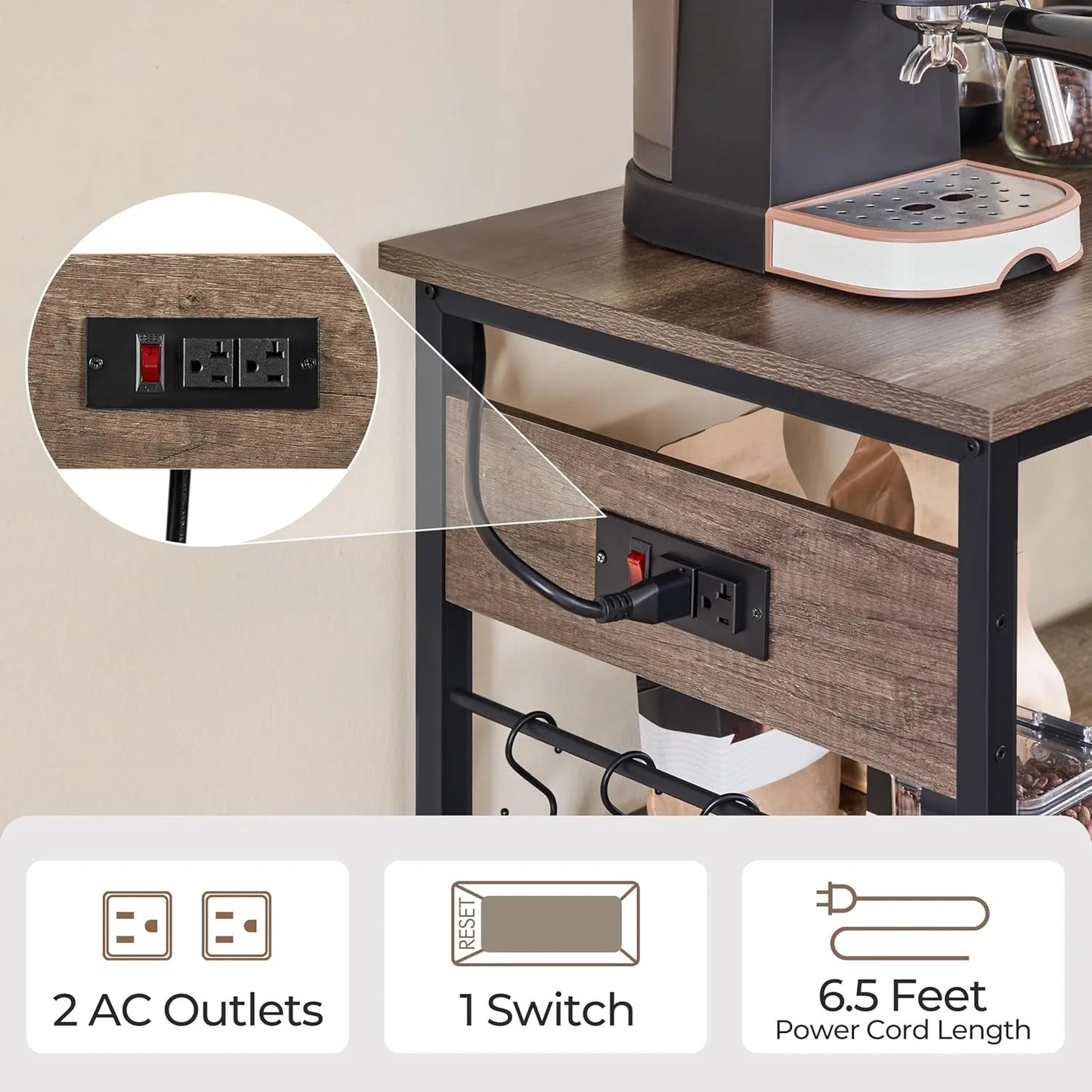 Versatile Kitchen Island Cart with Power Outlet and Hooks