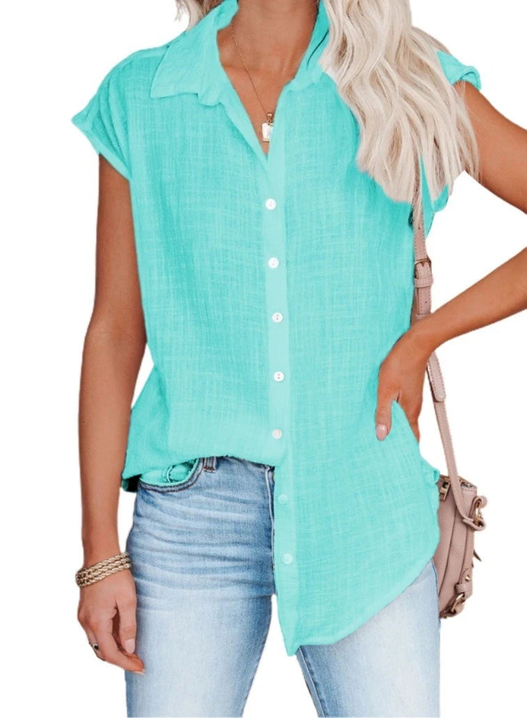 Hallolilla Summer Cotton Linen Shirt Women Short Sleeve
