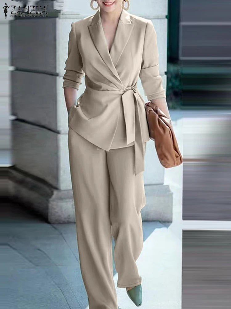 ZANZEA Office Lady Blazer Suit Set For Women Tied Waist Top And Pants 2 Piece Versatile Everyday Office Wear