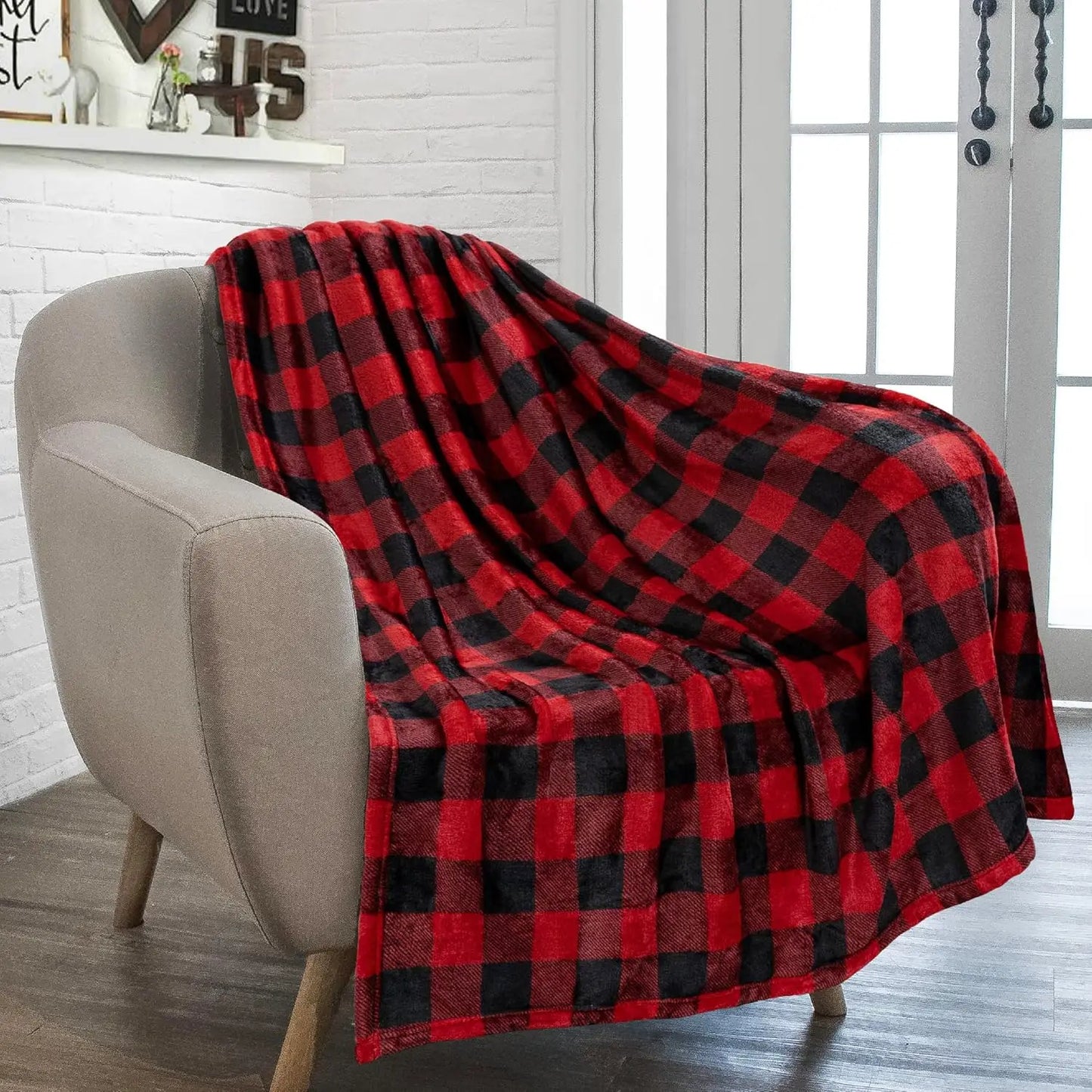1PC Black And Red Plaid Flannel Throw Blanket Warm Soft Checkered Plaid Christmas Couch Cozy Decorative Gift