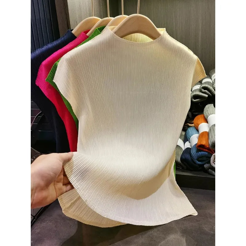 YUDXCN Women Pleated Top with Stand Up Collar