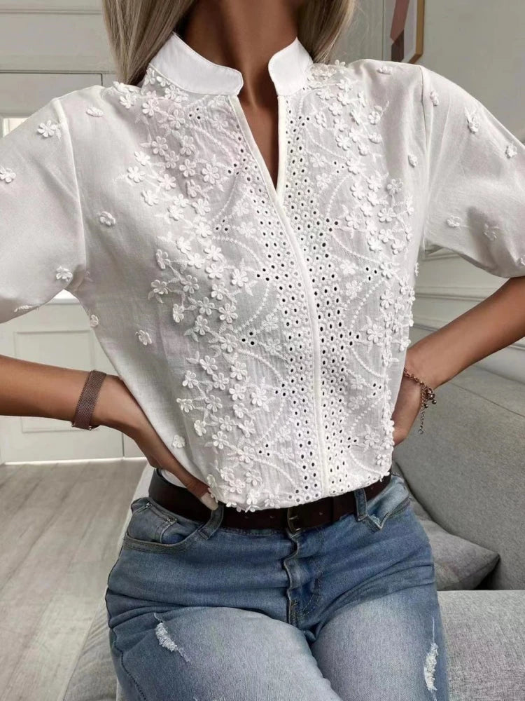 MagesuekCN Embroidered Cotton Women Blouse Lantern V Neck