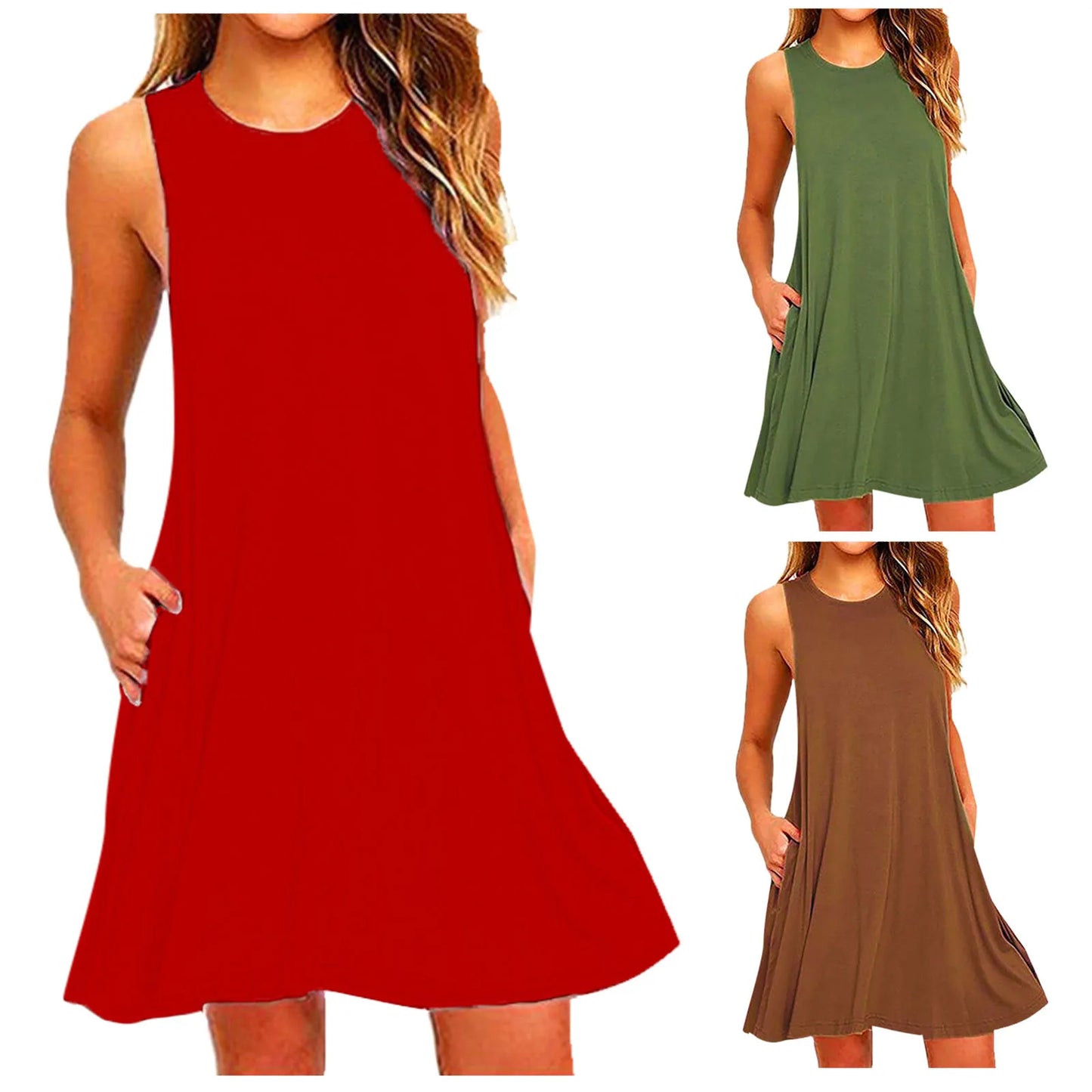 Women Summer Casual Pleated Tank Dress with Pockets