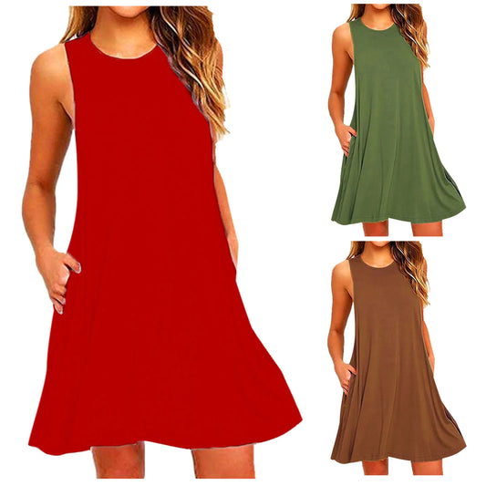 Women Summer Casual Pleated Tank Dress with Pockets