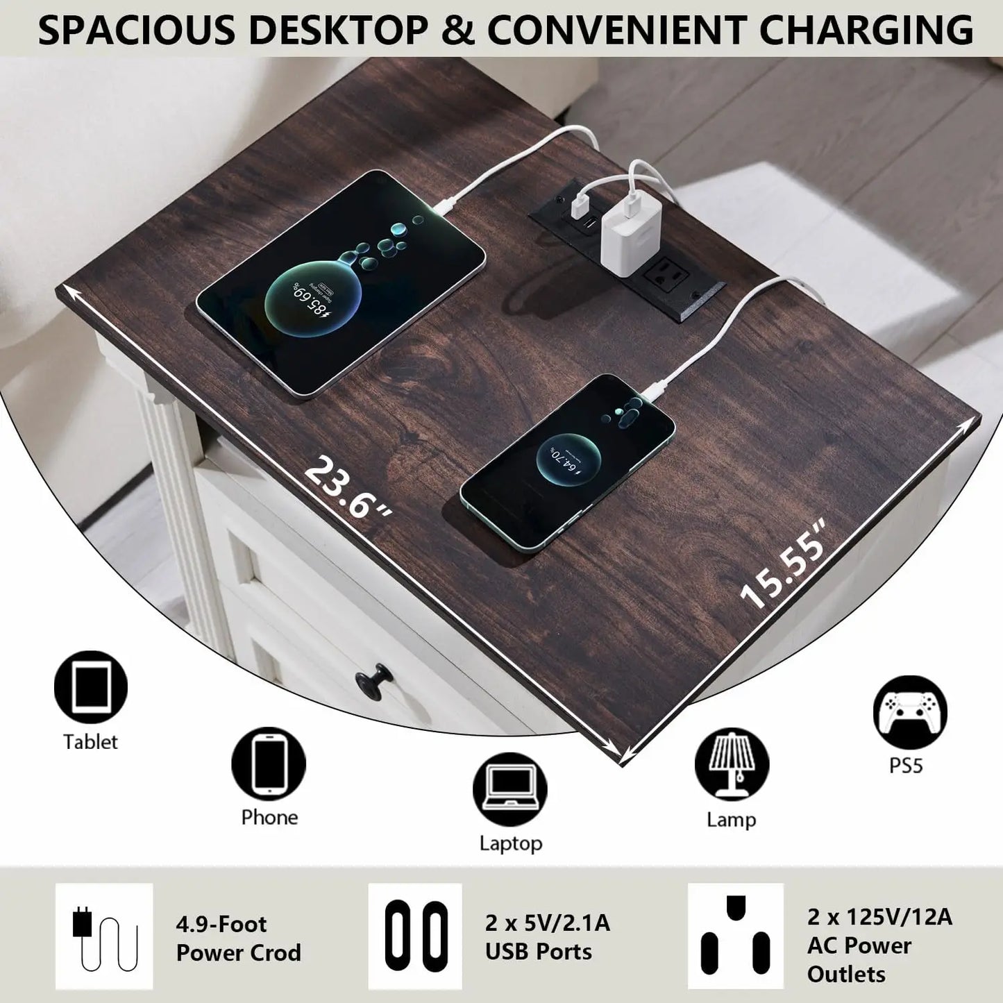 Elegant Wooden Side Table with Charging Station and Open Shelving