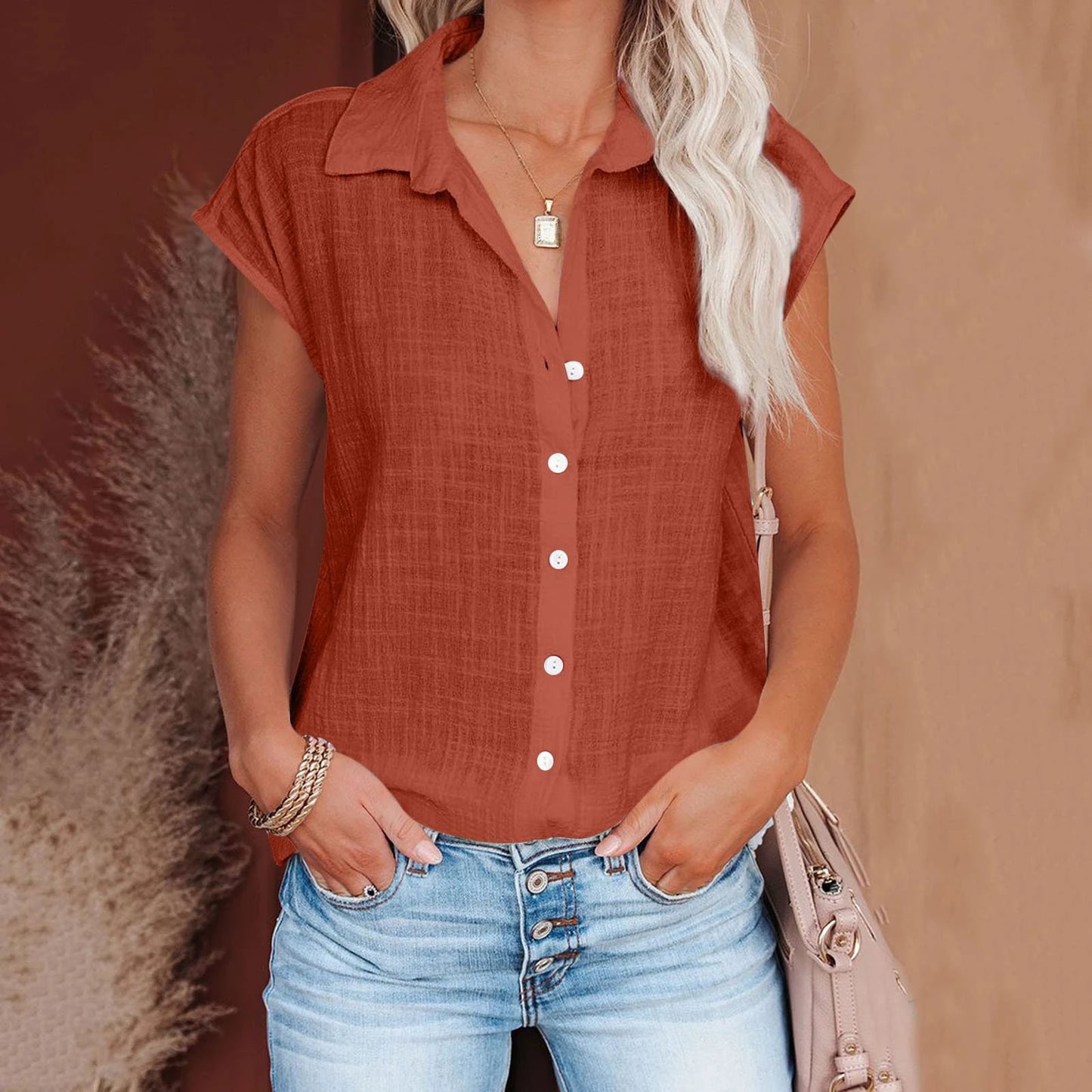 Hallolilla Summer Cotton Linen Shirt Women Short Sleeve