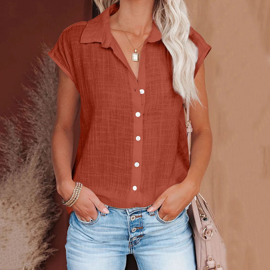 Hallolilla Summer Cotton Linen Shirt Women Short Sleeve Top