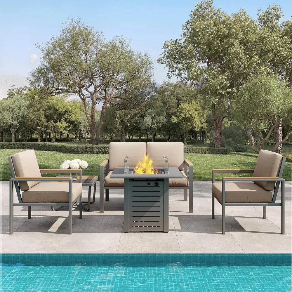 ANGDUO Patio Furniture Set With Fire Pit Table Outdoor Metal Sectional Cushions Wood Like Armrests