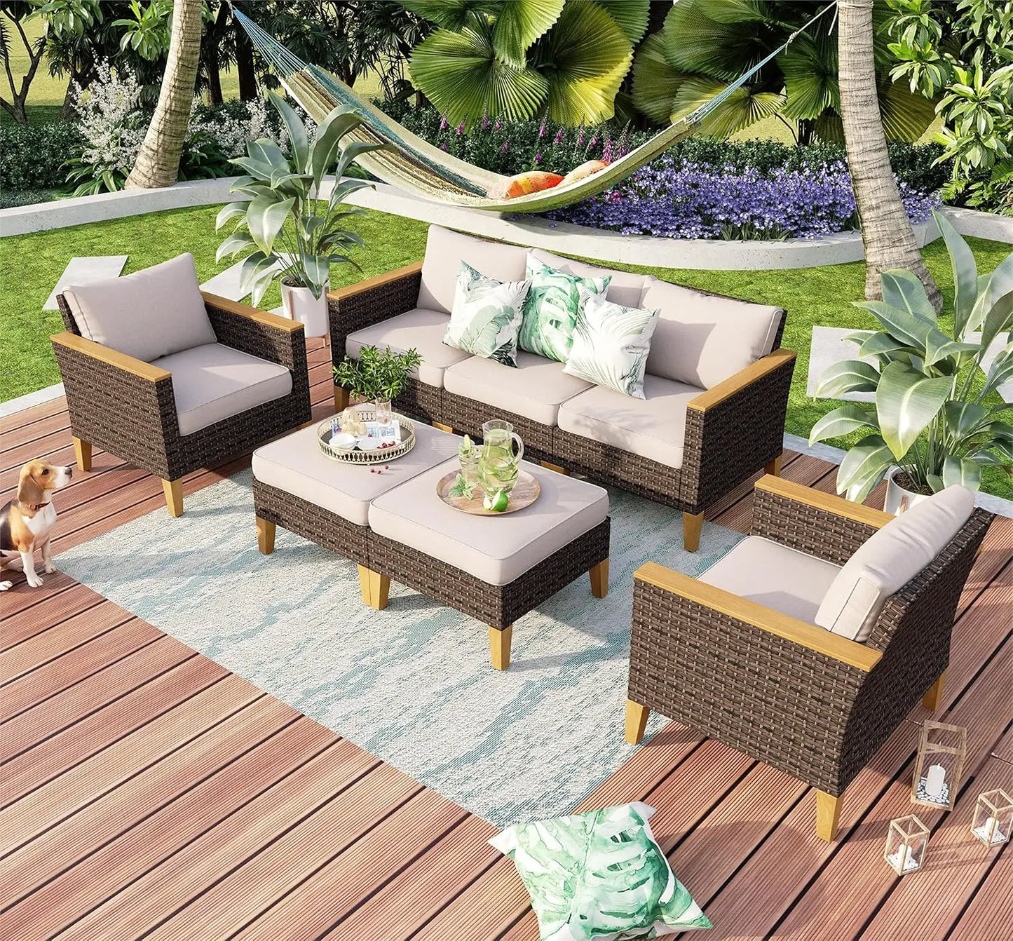 9 Piece Wicker Patio Furniture Set with 56 Inch Fire Pit Table All Weather PE Rattan Patio Sectional Sofa Conversation Set