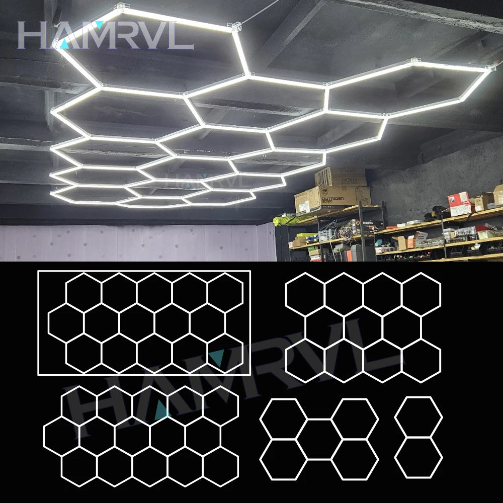 Garage Lights Hexagon Lamp 110-240V LED Tube Honeycomb Ceiling Lighting for Workshop Car Showroom Auto Body Repair Gym