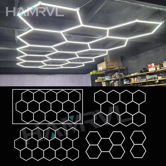 Garage Lights Hexagon Lamp 110-240V LED Tube Honeycomb Ceiling Lighting for Workshop Car Showroom Auto Body Repair Gym