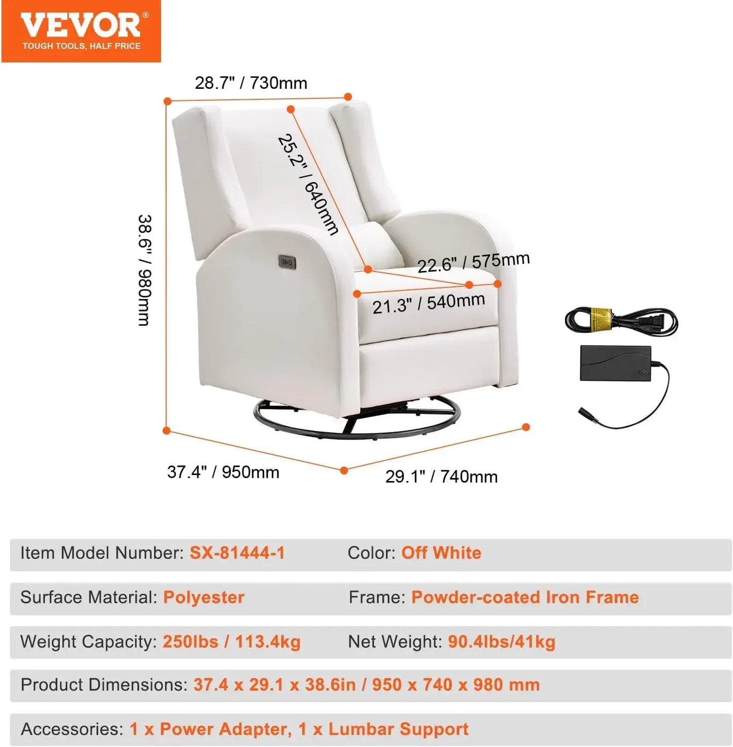 Power Recliner Swivel Glider Chair with USB Charging Port