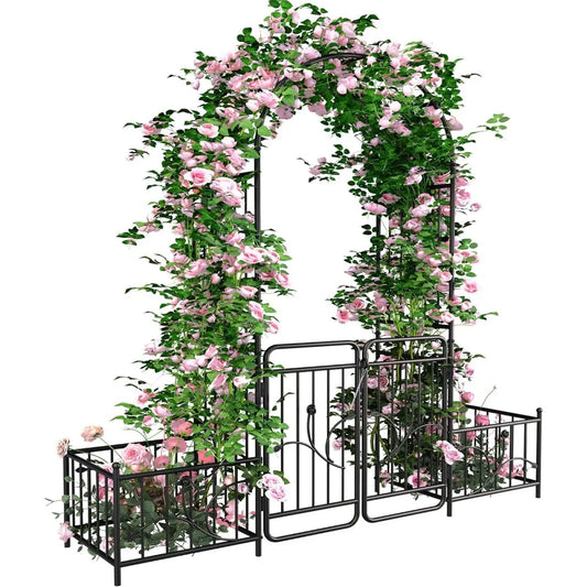 Garden Arbor With Gate And Planter Boxes For Climbing