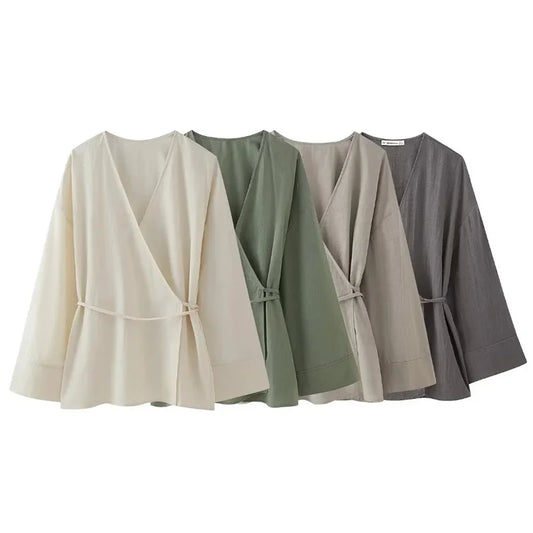 MUJER Kimono Blouse Women Long Sleeve Tie Front Elegant