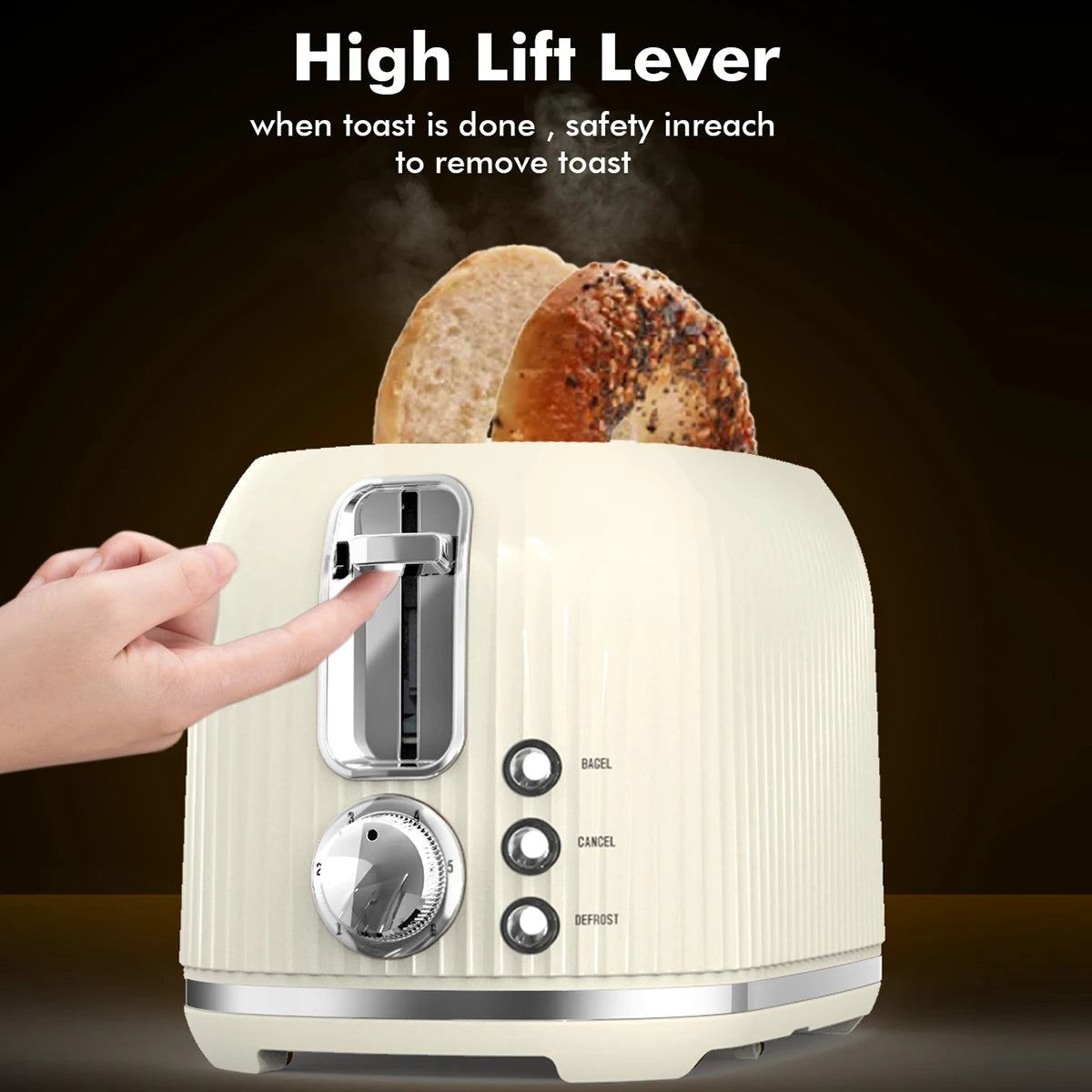 2 Slice Toaster with Extra Wide Slots Removable Crumb Tray Six Browning Options Auto Shut Off Frozen Function Cream