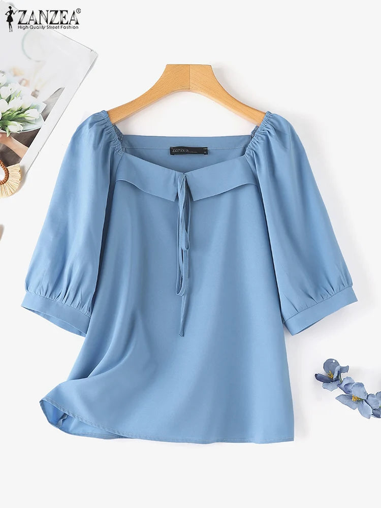 ZANZEA Korean Style Square Collar Lace-Up Blouse