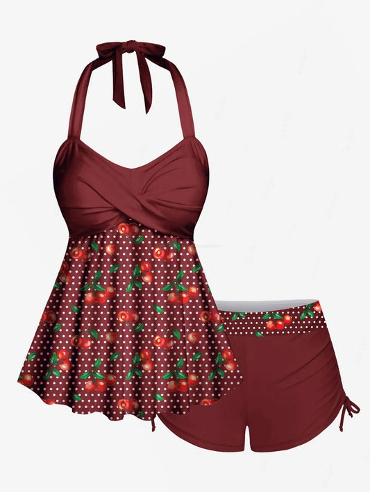 Retro Cherry Dots Print Halter Tankini Swimsuit for Women