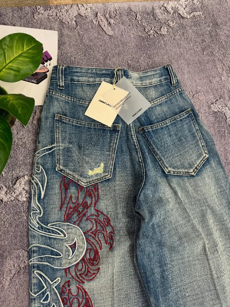 Streetwear Embroidered Baggy Jeans Women High Waist Wide Leg