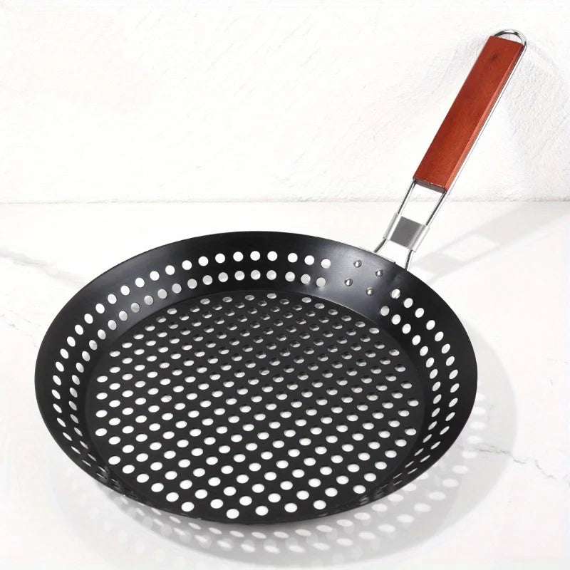 Round BBQ Grill Basket with Folding Handle for Outdoor Cooking