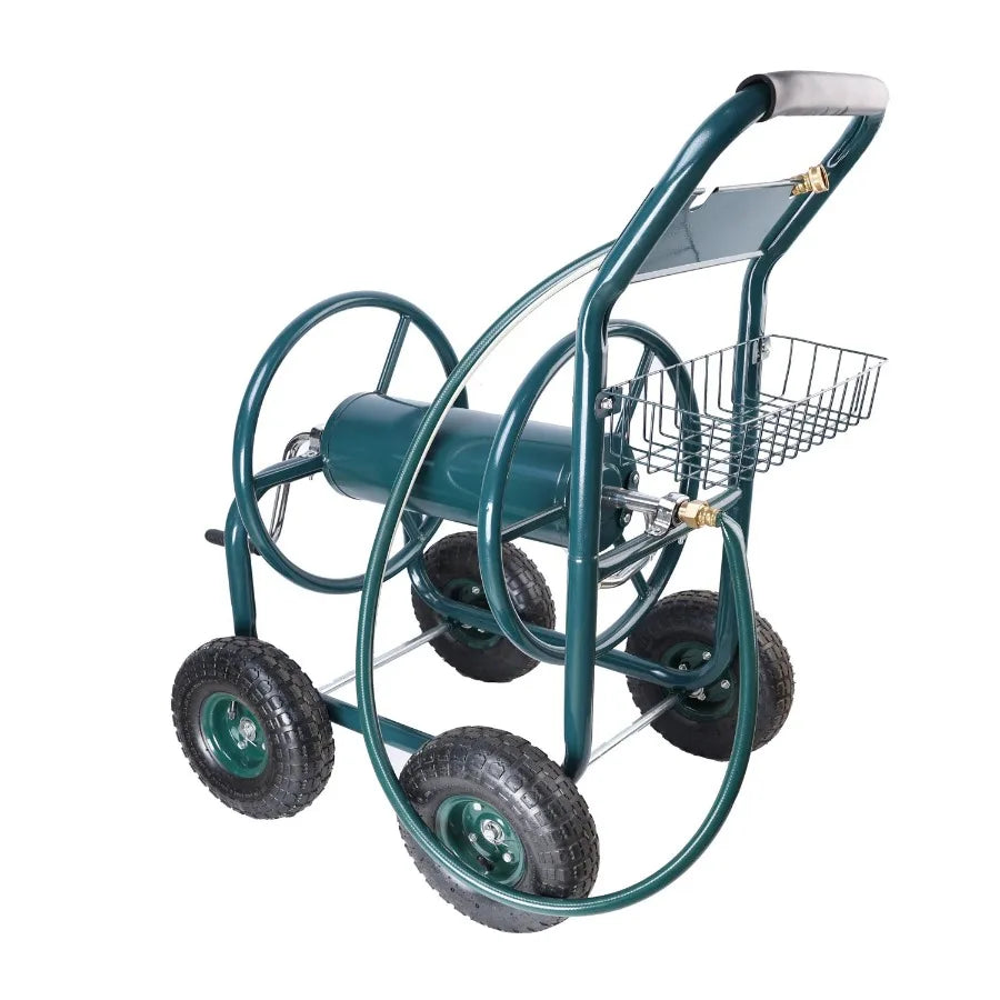 Portable Garden Hose Reel Cart with Storage Basket and Wheels