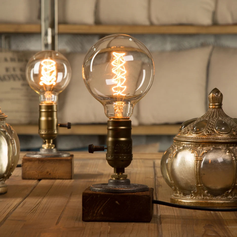Industrial LED Table Lamp Retro Wood Night Light Decor