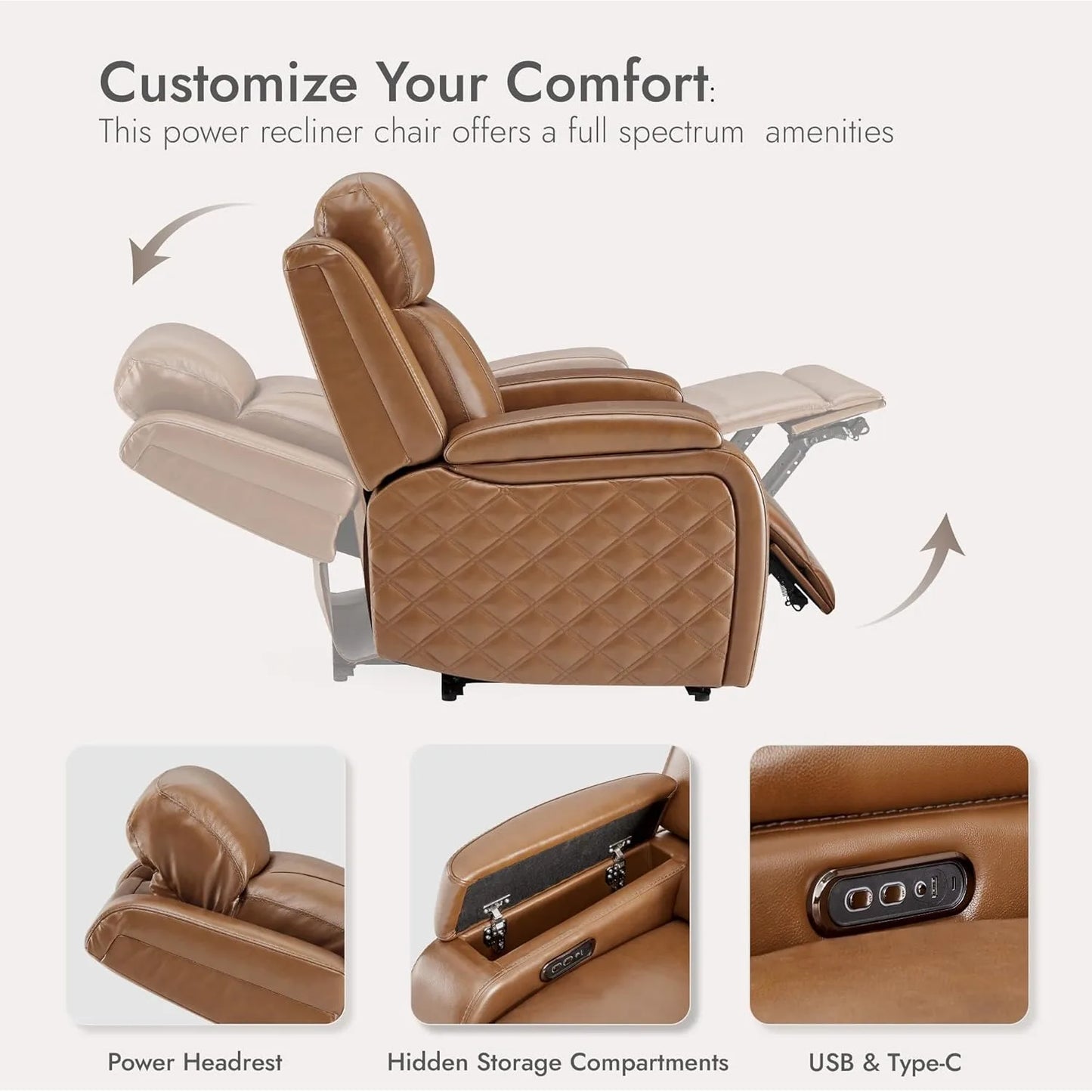 HUANZHUANG Genuine Leather Power Recliner With Power Headrest