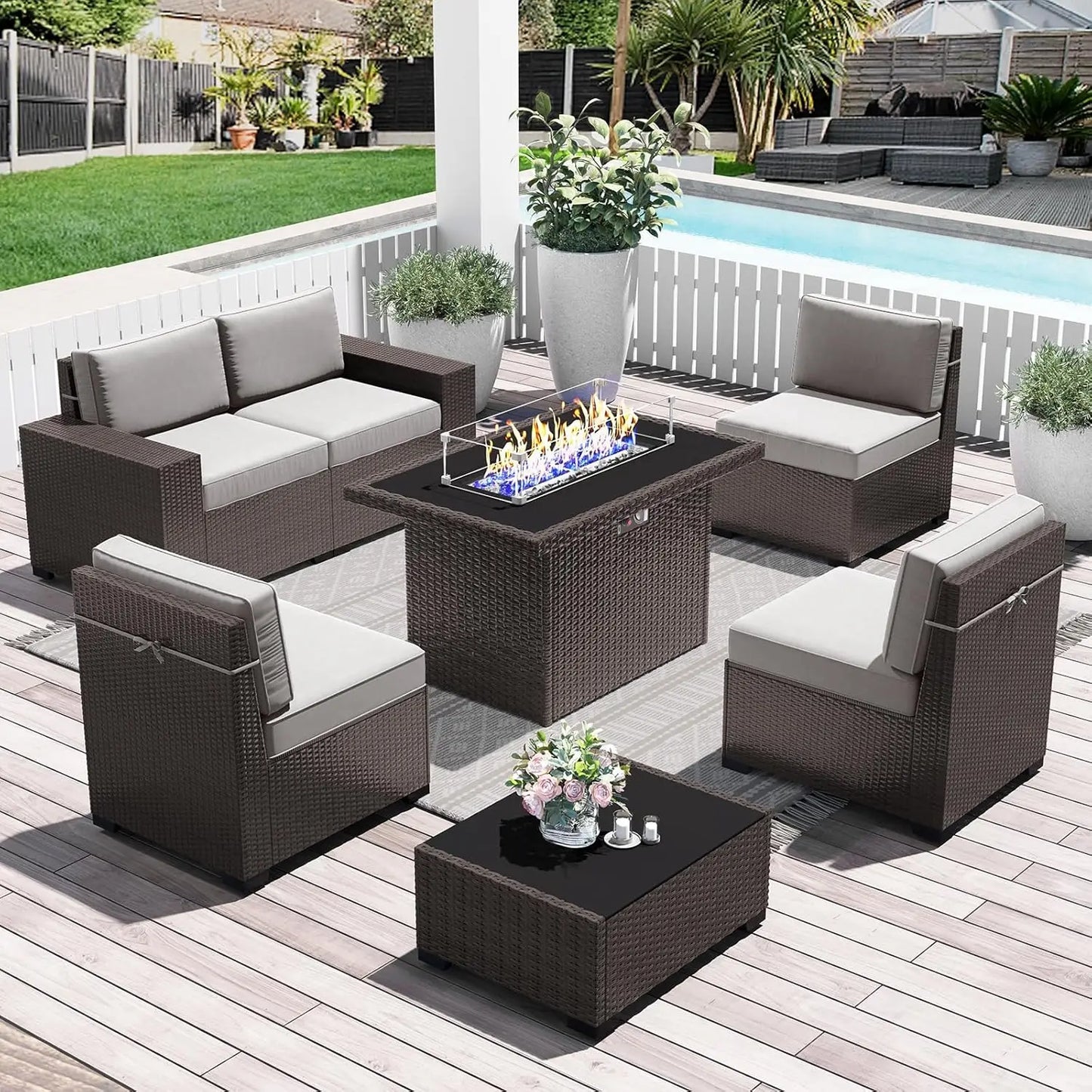 Outdoor Wicker Rattan Conversation Set With Fire Pit Table 15 Piece Patio Furniture Set