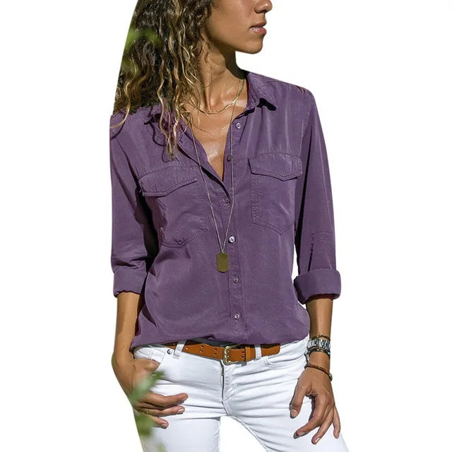 CYWANGCANCANCN Womens V Neck Long Sleeve Shirt With Pockets