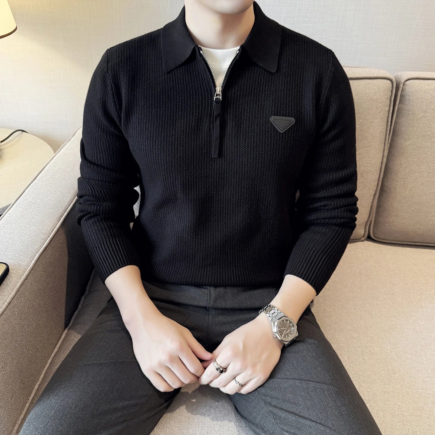 QUHNBGYCN Mens Half Zip Lapel Knit Sweater Slim Fit Pullover