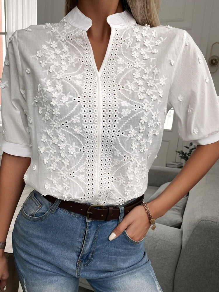 MagesuekCN Embroidered Cotton Women Blouse Lantern V Neck