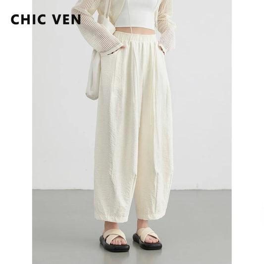 Chic Ven Pleated Wide Leg Women Pants With Elastic Waist