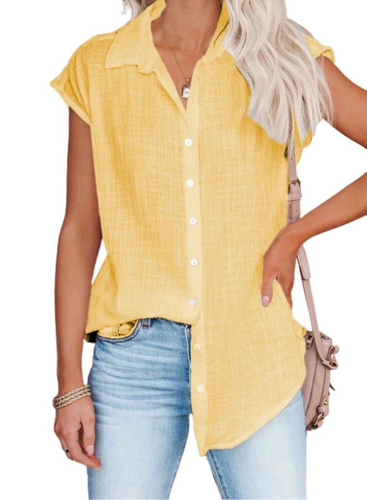 HallolillaCN Summer Cotton Linen Shirt Women Short Sleeve