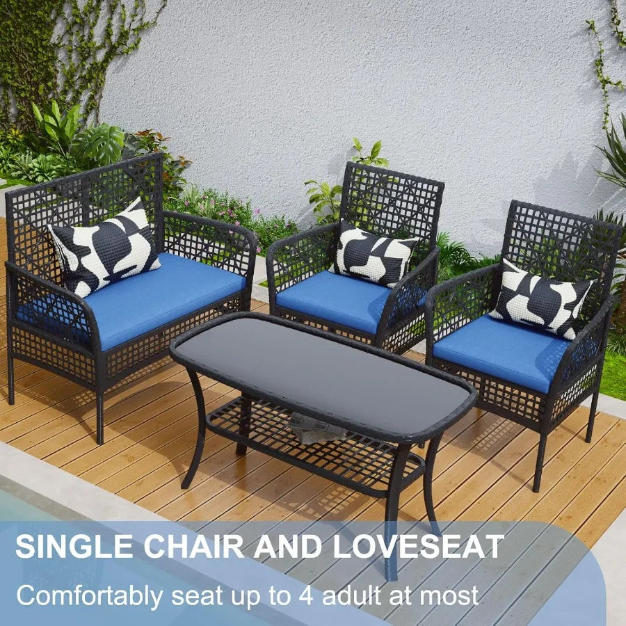 Hign Concerned 4 Piece PE Rattan Set Glass Table Cushions